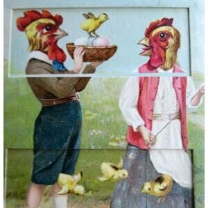 Easter Postcard German Mechanical Pull Tab Fantasy Humanized Roosters